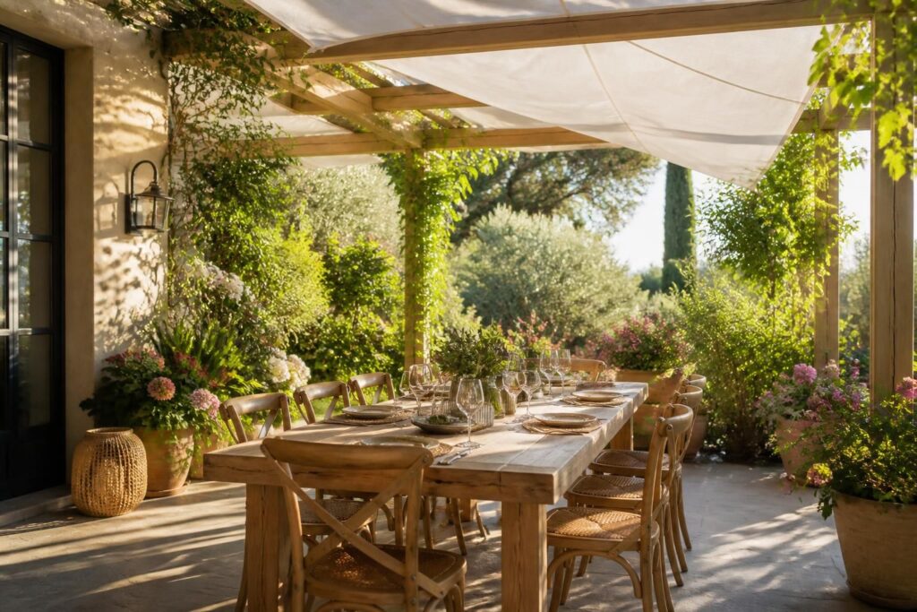 découvrez comment aménager un coin repas d'été à l'ombre en combinant pergola, voile d'ombrage et végétation pour un espace frais et convivial.